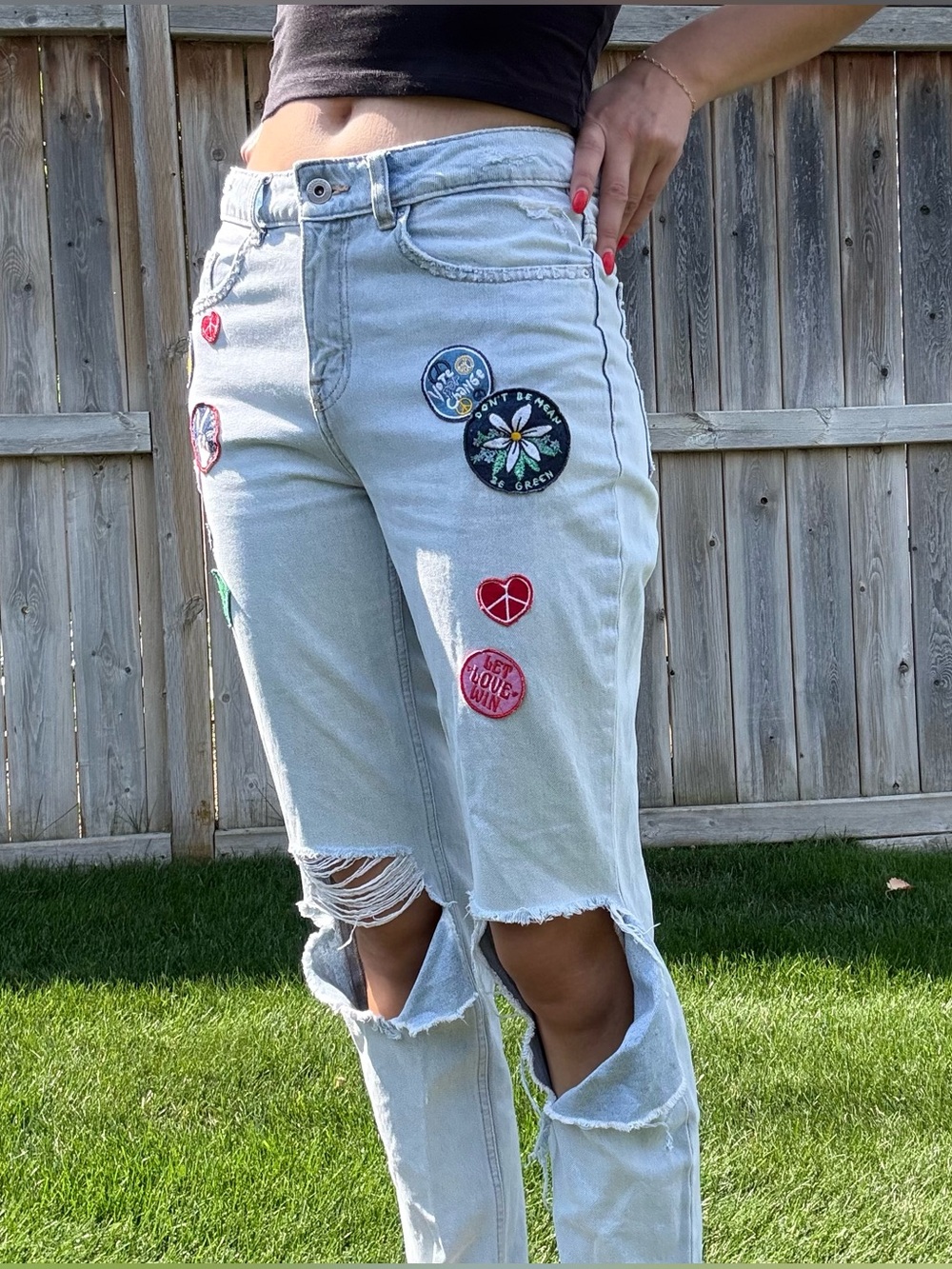 Vintage Style Distressed Patch Jeans